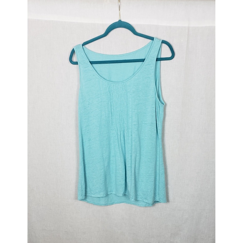 Eileen Fisher Aqua Blue 100% Linen Pintuck Pleated Slub Tank Top L Coastal